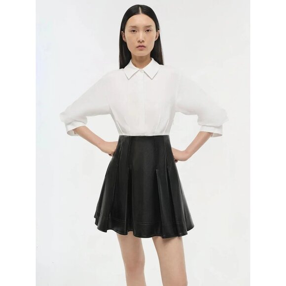 SIMKHAI Padma Poplin Combo Mini Dress in Black 6 New Womens Vegan Faux Leather - Picture 11 of 15